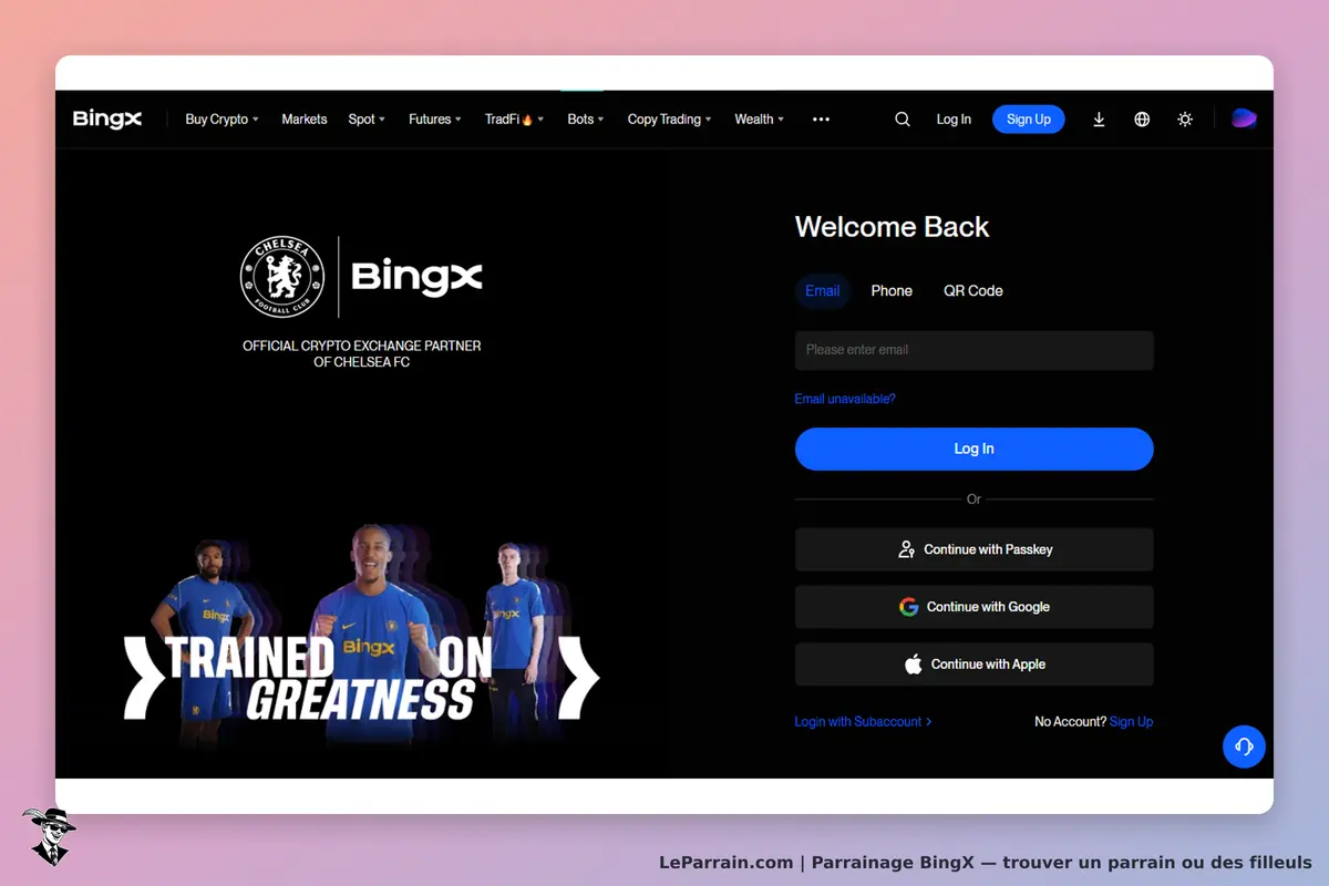 BingX : page de connexion avec options d'identification et logo de Chelsea FC en arrière-plan