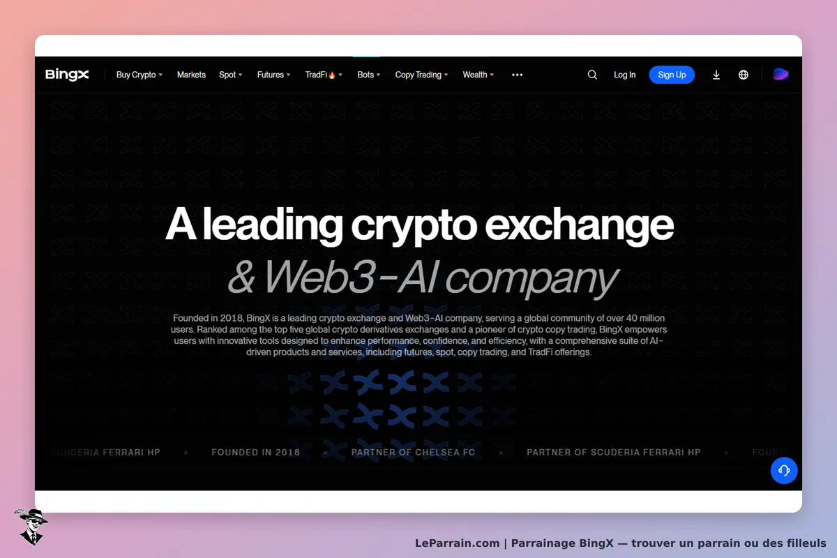 BingX : page d'accueil présentant l'échange de cryptomonnaies et l'intelligence artificielle