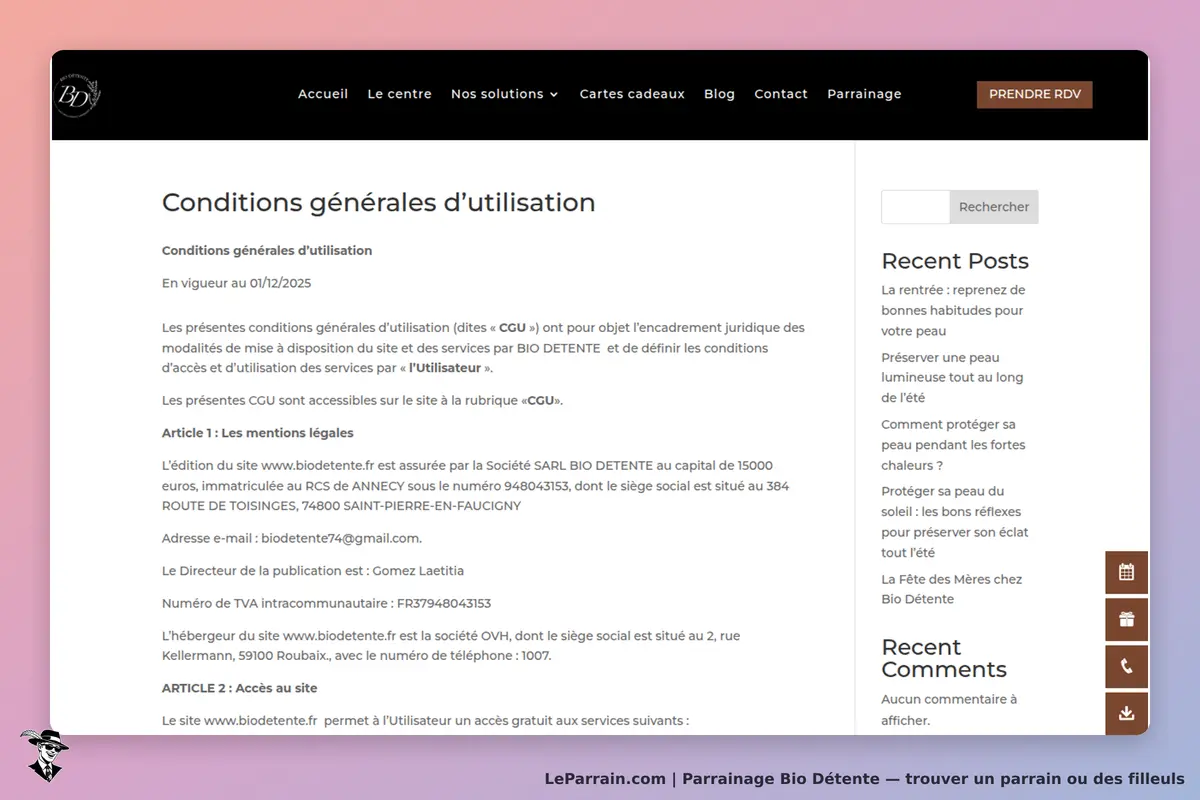 Bio Détente : conditions générales d'utilisation affichées sur la page d'accueil du site