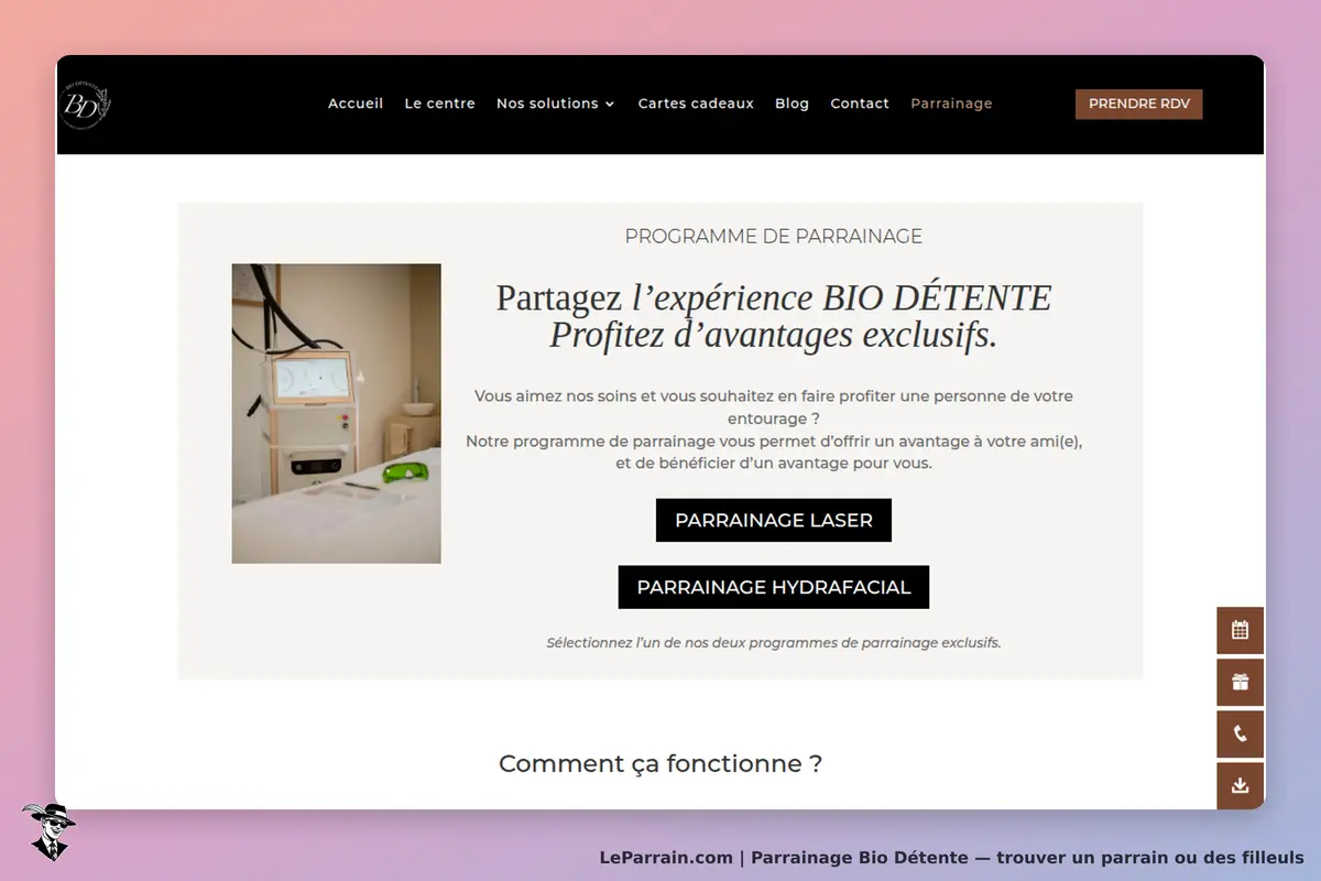 Bio Détente : page d'accueil avec programme de parrainage et images de soins esthétiques