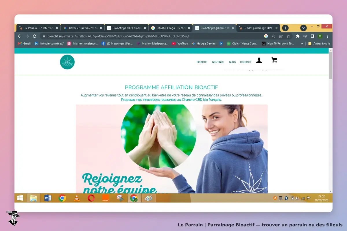 Bioactif : page d'accueil avec un programme d'affiliation et une femme souriante