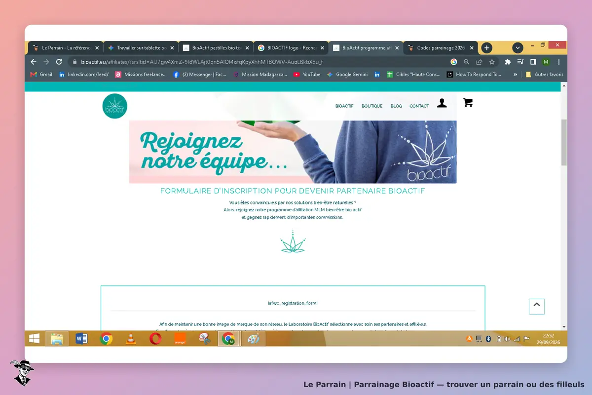 Bioactif : page d'accueil avec formulaire d'inscription et message d'invitation à rejoindre