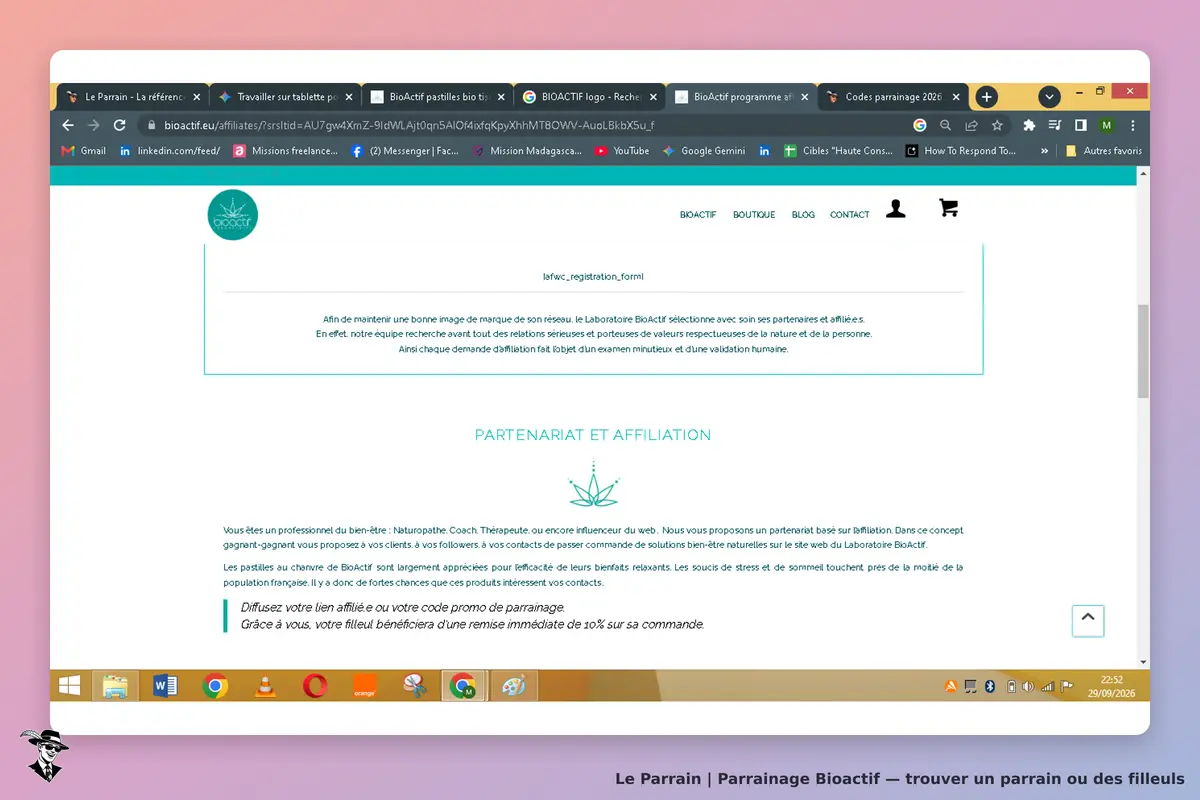 Bioactif : page de partenariat et affiliation avec texte explicatif sur les produits