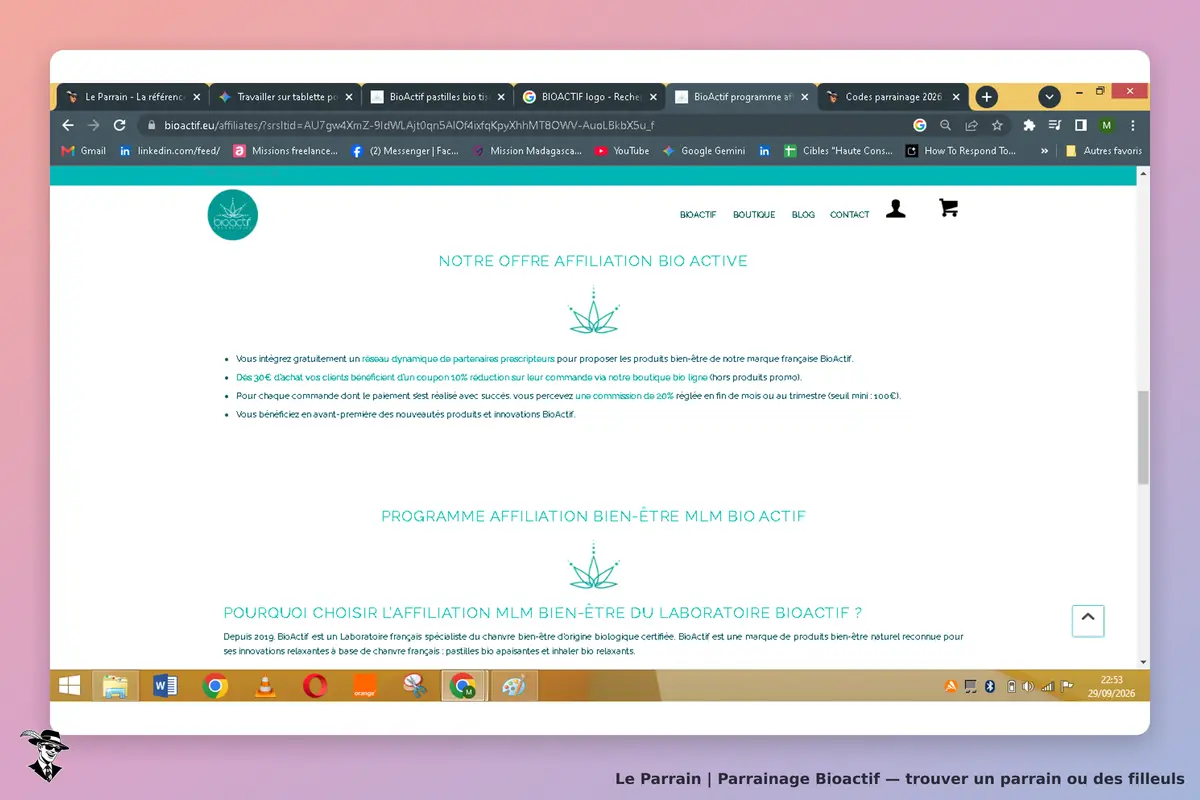 Bioactif : page d'accueil présentant le programme d'affiliation et ses avantages