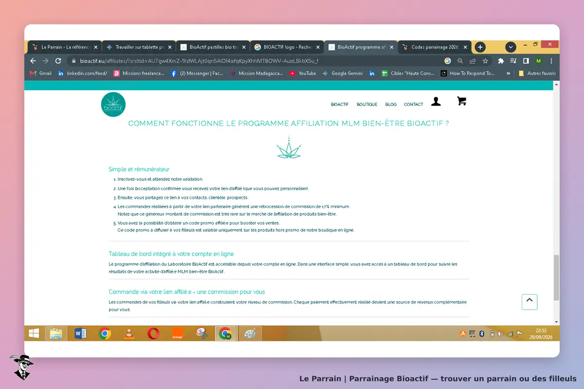 Bioactif : page d'accueil sur le programme d'affiliation MLM avec instructions et tableau de bord