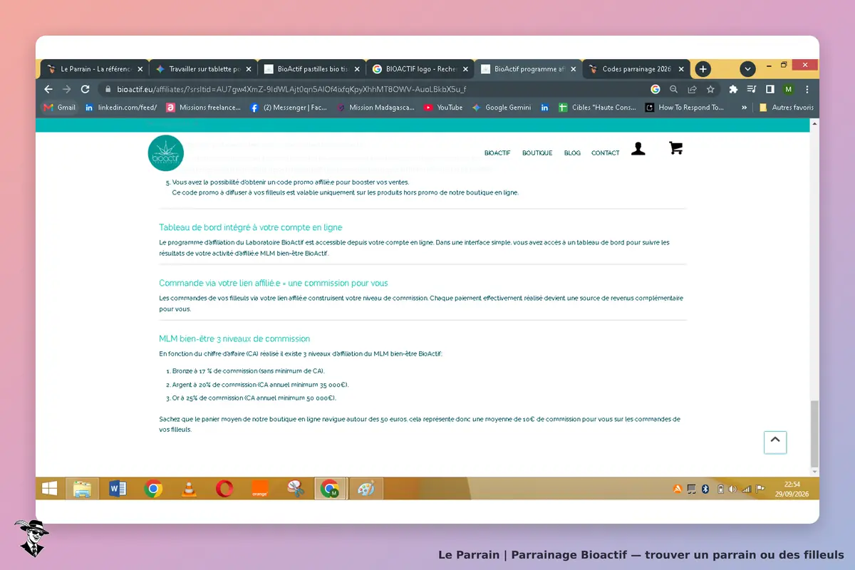 Bioactif : page d'accueil avec informations sur le programme d'affiliation et commissions