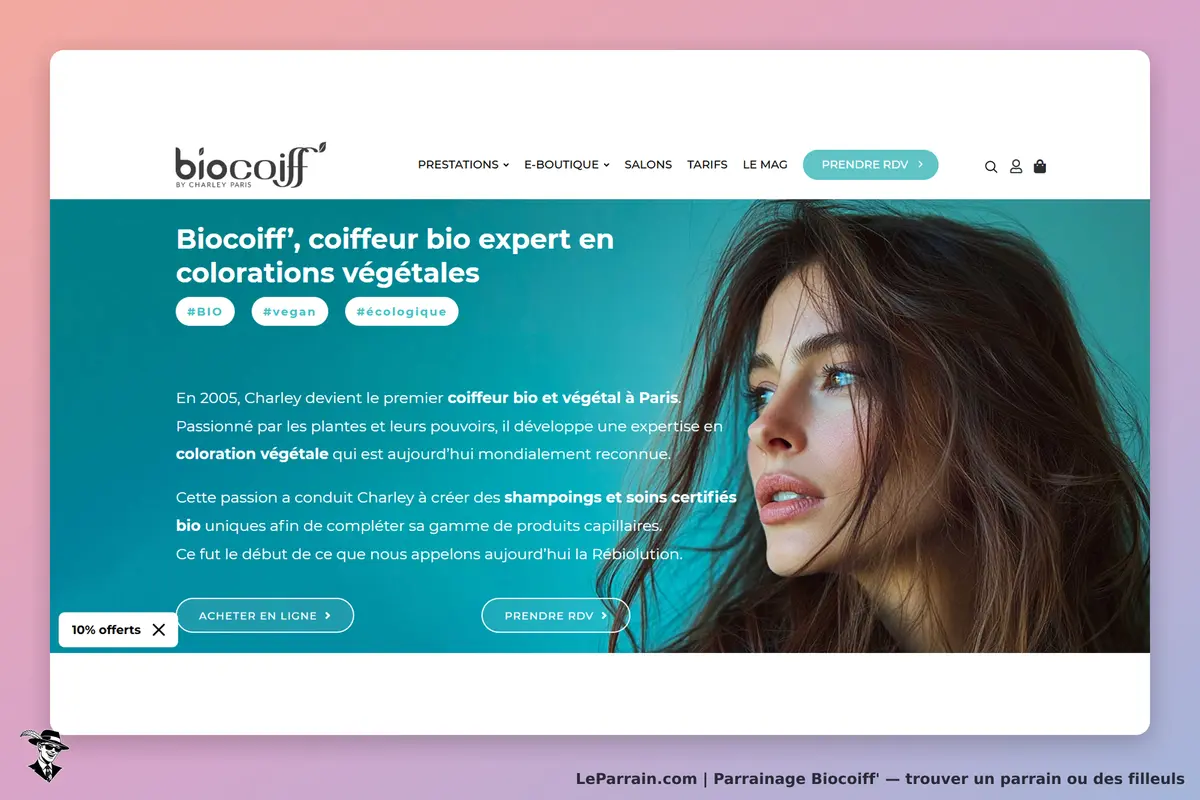 Biocoiff' : page d'accueil présentant le coiffeur bio et une jeune femme aux cheveux bruns