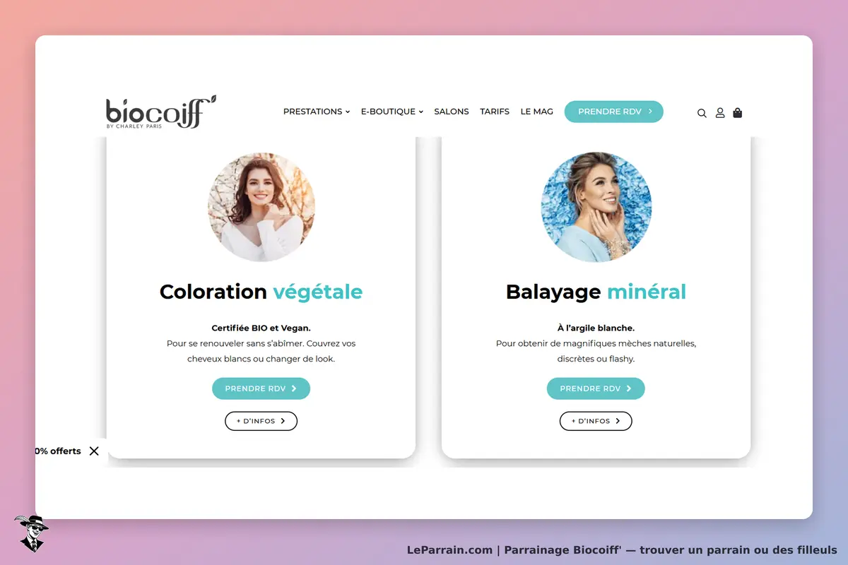 Biocoiff' : page d'accueil présentant la coloration végétale et le balayage minéral