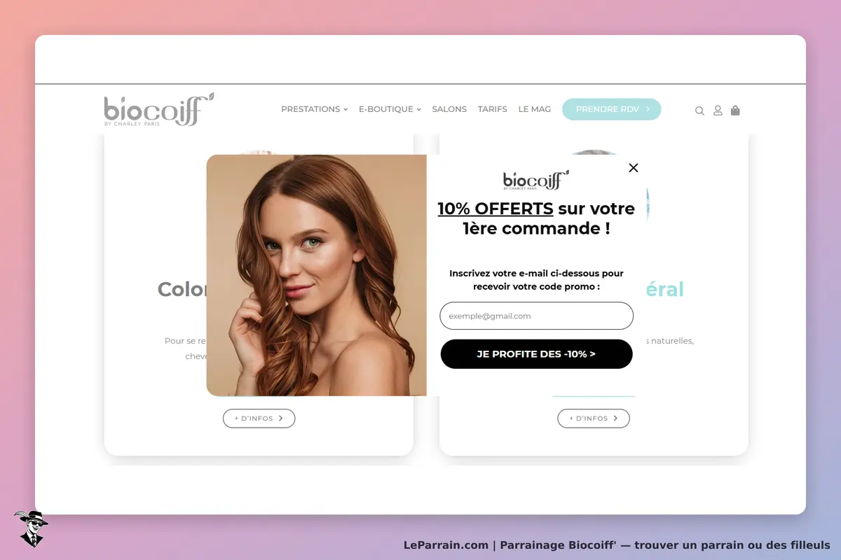 Biocoiff' : page d'accueil avec une offre et une image d'une femme aux cheveux longs et brillants