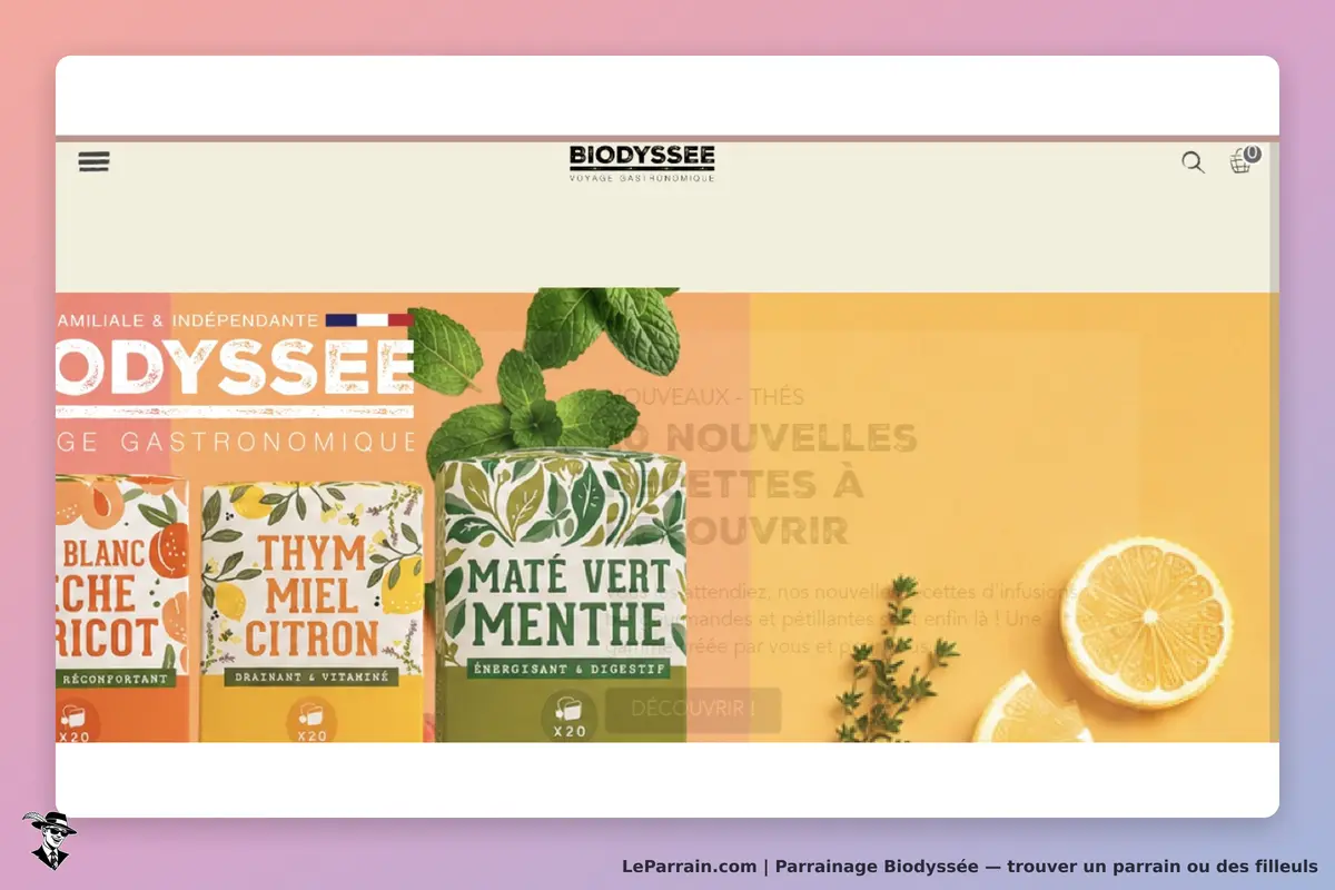 Biodyssée : page d'accueil avec des boîtes de thés et des éléments graphiques colorés