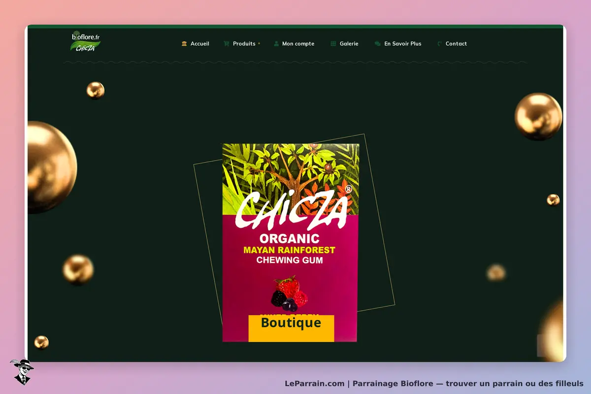 Bioflore : page d'accueil avec un produit de chewing-gum bio Chicza en avant-plan