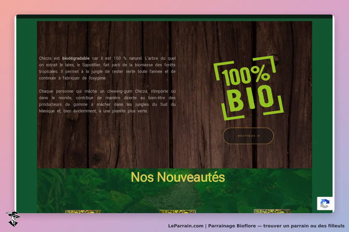Bioflore : page d'accueil avec texte sur le chewing-gum Chicza et logo 100% bio