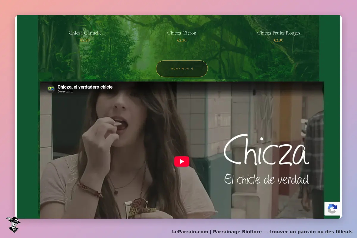 Bioflore : page d'accueil avec produits Chicza et vidéo sur le véritable chicle