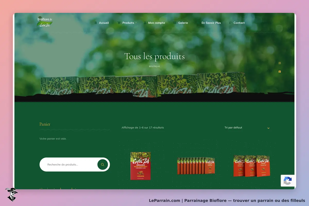 Bioflore : page d'accueil affichant des produits avec barre de recherche et panier vide