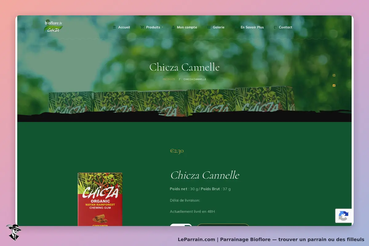 Bioflore : page produit affichant le chewing-gum Chicza Cannelle avec son emballage et détails