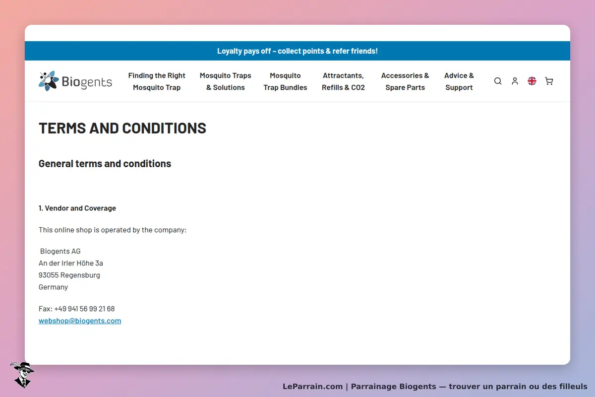 Biogents : page des conditions générales avec informations sur la société et ses coordonnées