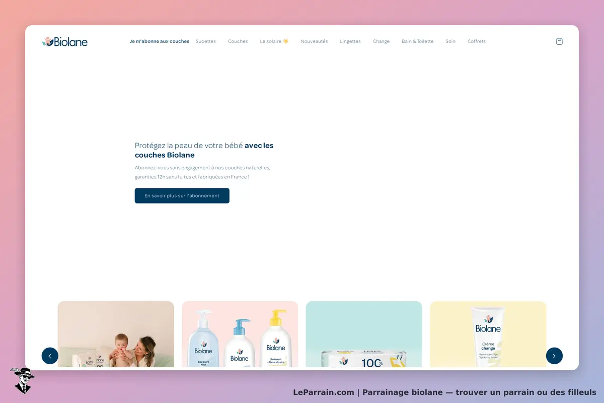 Biolane : page d'accueil présentant des produits pour bébés et un abonnement aux couches