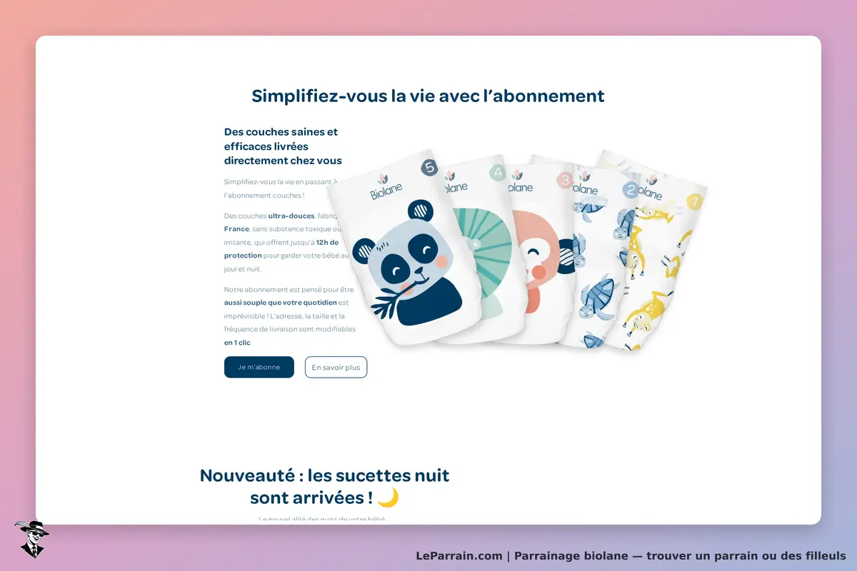 Biolane : page d'accueil présentant des couches avec des illustrations colorées et un texte