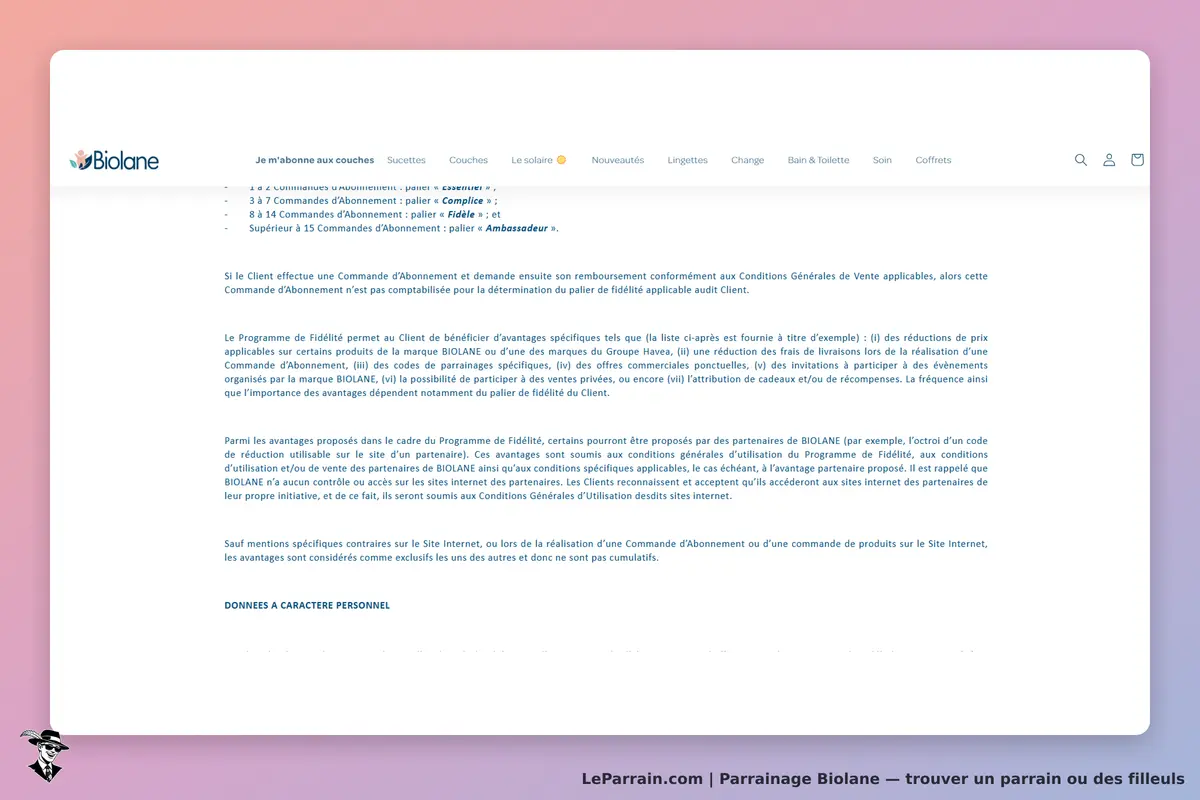 Biolane : texte sur le programme de fidélité et les conditions d'abonnement affiché en bas de page