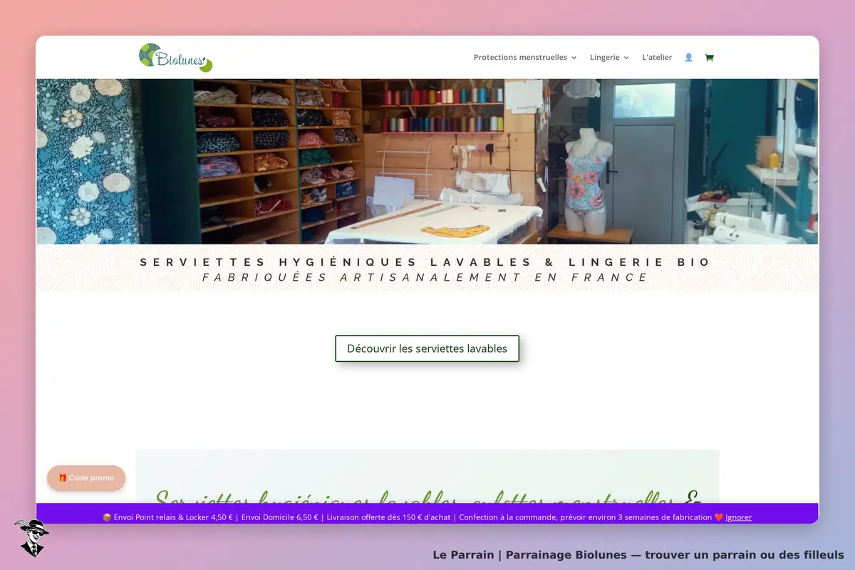 Biolunes : page d'accueil présentant des serviettes hygiéniques et un atelier de fabrication