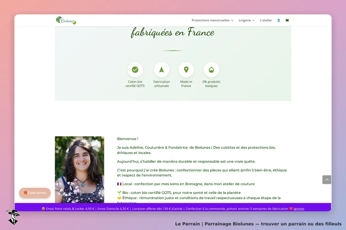 Biolunes : page d'accueil avec présentation de la fondatrice et valeurs de la marque