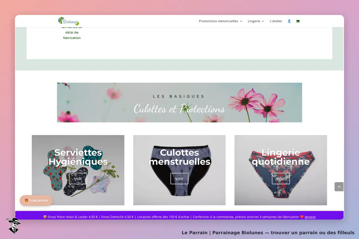 Biolunes : page d'accueil avec des produits de protections menstruelles et lingerie