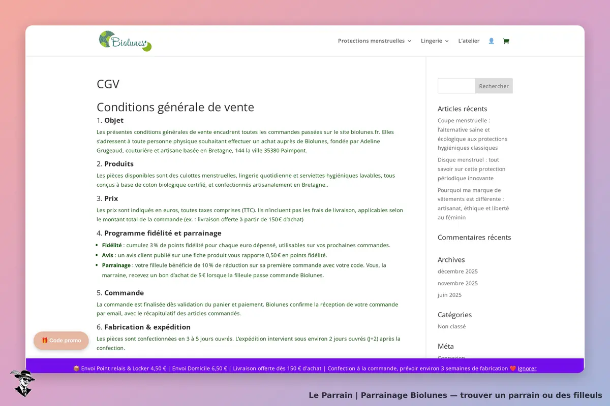 Biolunes : conditions générales de vente avec informations sur les produits et parrainage
