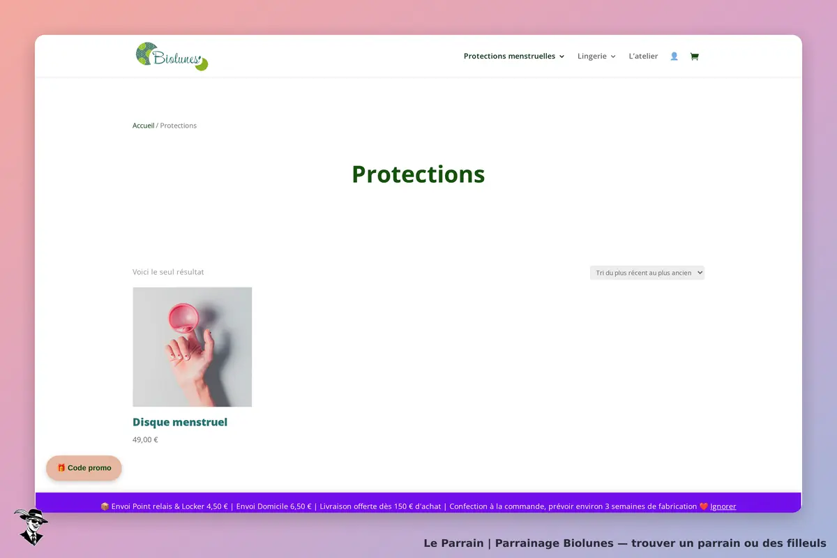 Biolunes : page affichant le produit "Disque menstruel" avec une image et un prix