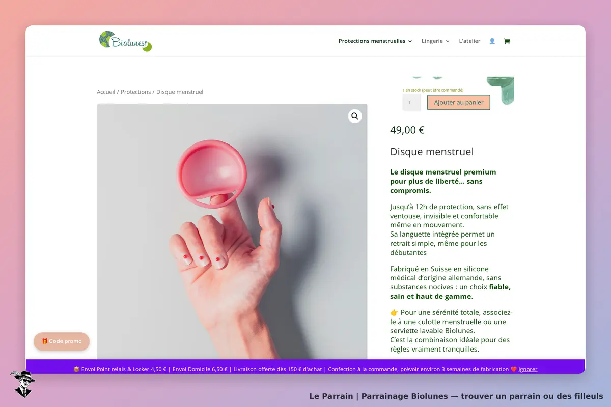 Biolunes : un disque menstruel rose présenté dans une main, avec description à droite
