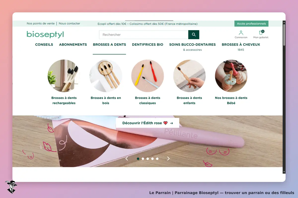 bioseptyl : page d'accueil avec brosses à dents et un produit en promotion en bas de l'écran