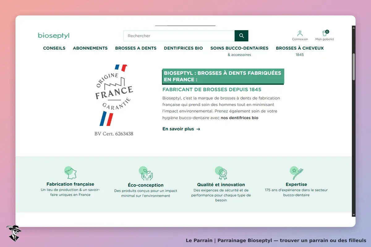 bioseptyl : page d'accueil présentant des brosses à dents et des informations sur la marque