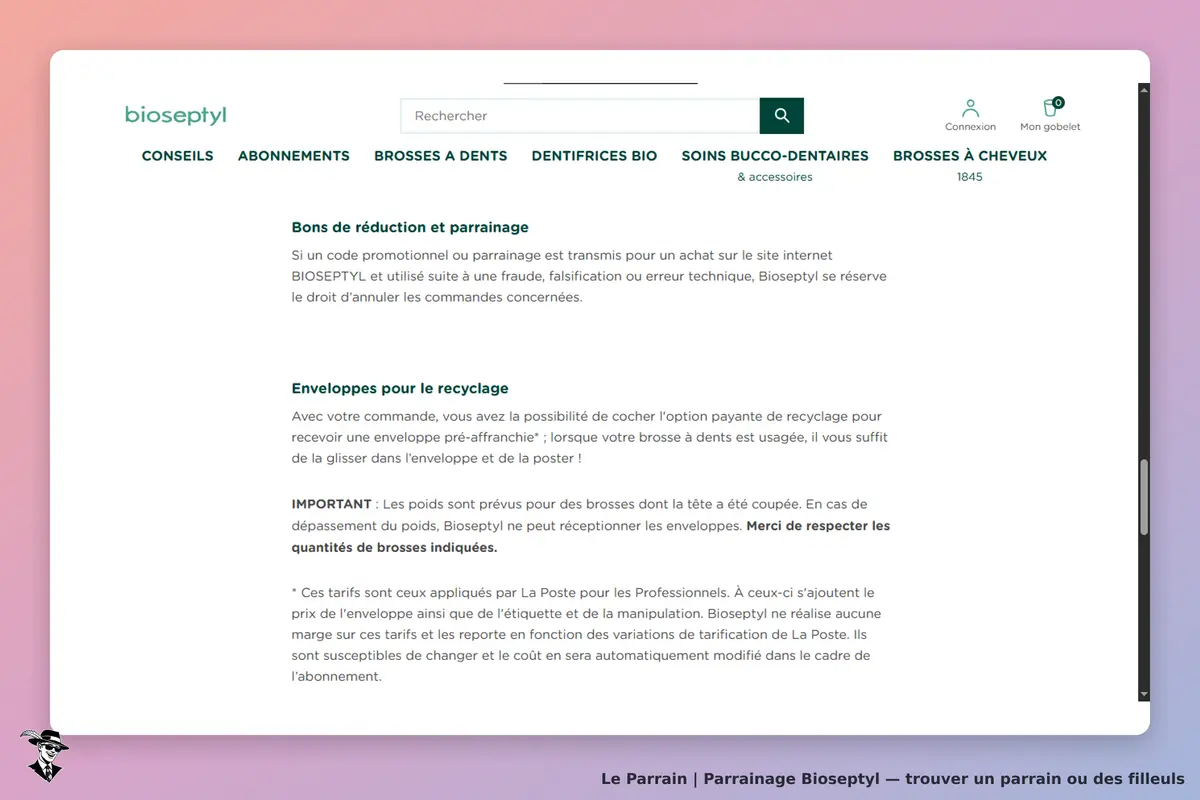 Bioseptyl : page d'accueil avec informations sur le parrainage et le recyclage des brosses à dents