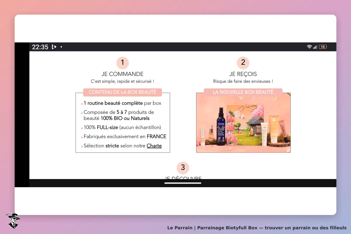 Biotyfull Box : page d'accueil présentant le processus de commande et des produits de beauté