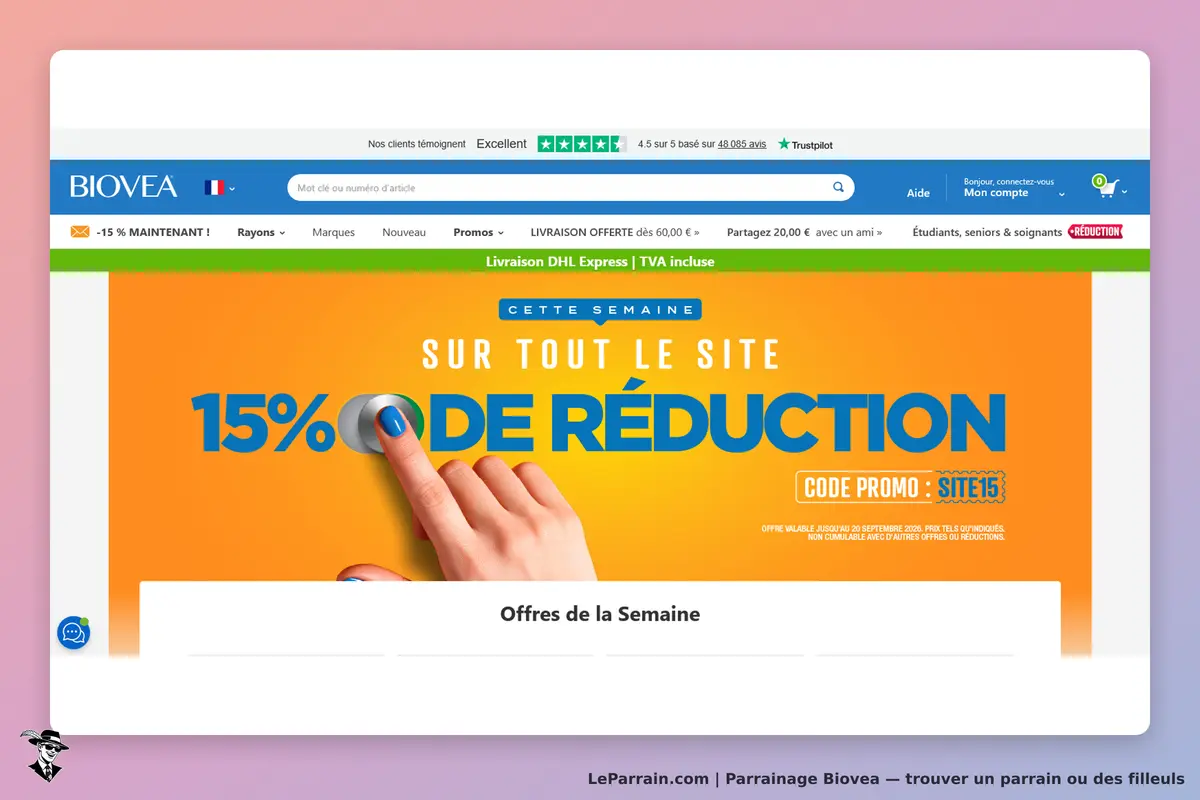 Biovea : page d'accueil avec promotion de réduction et main sur un bouton