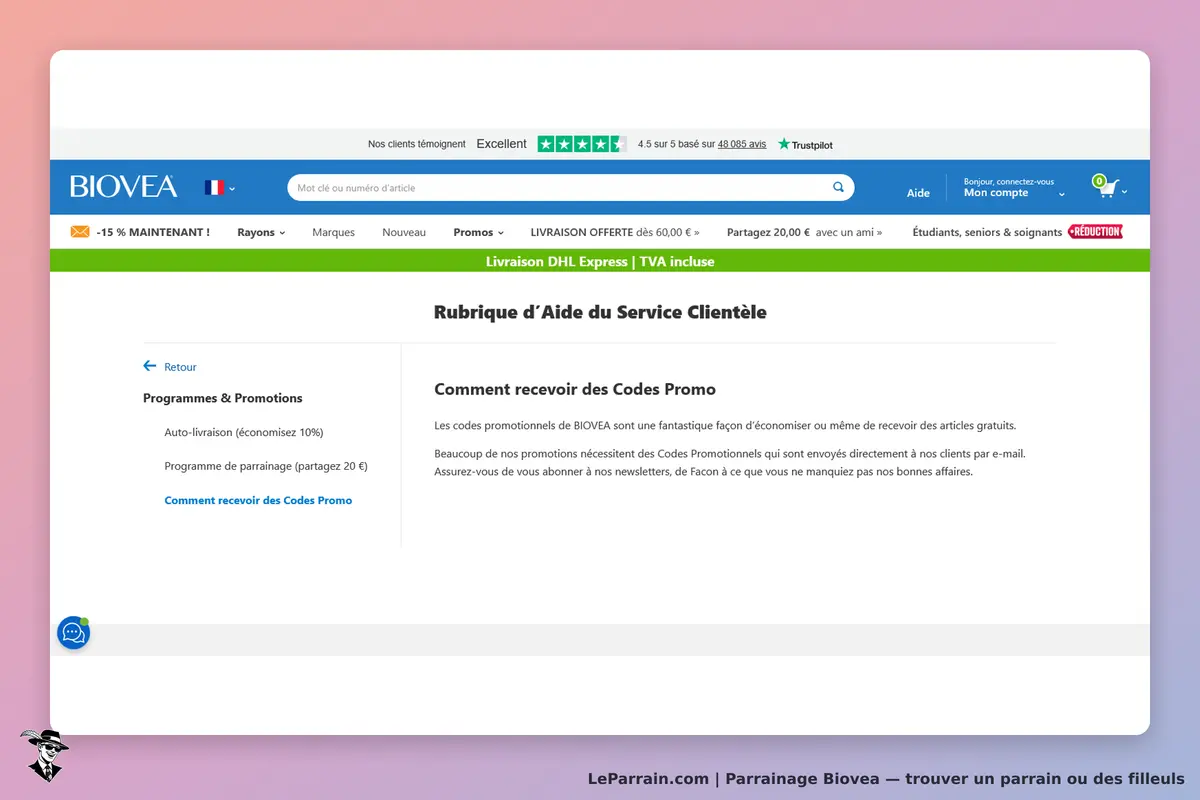 Biovea : rubrique d'aide sur les codes promo et programmes de parrainage
