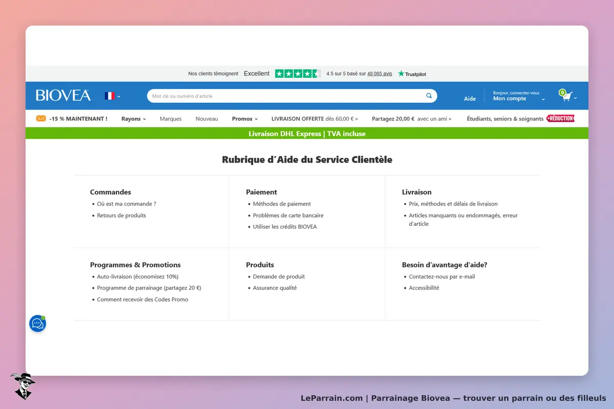 Biovea : rubrique d'aide du service clientèle avec différentes catégories d'assistance