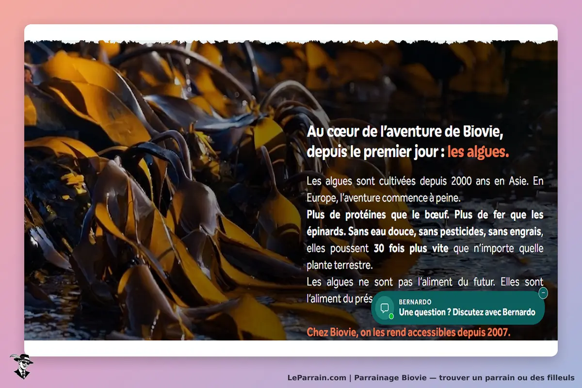 Biovie : présentation des algues avec un texte informatif et une option de chat en bas à droite