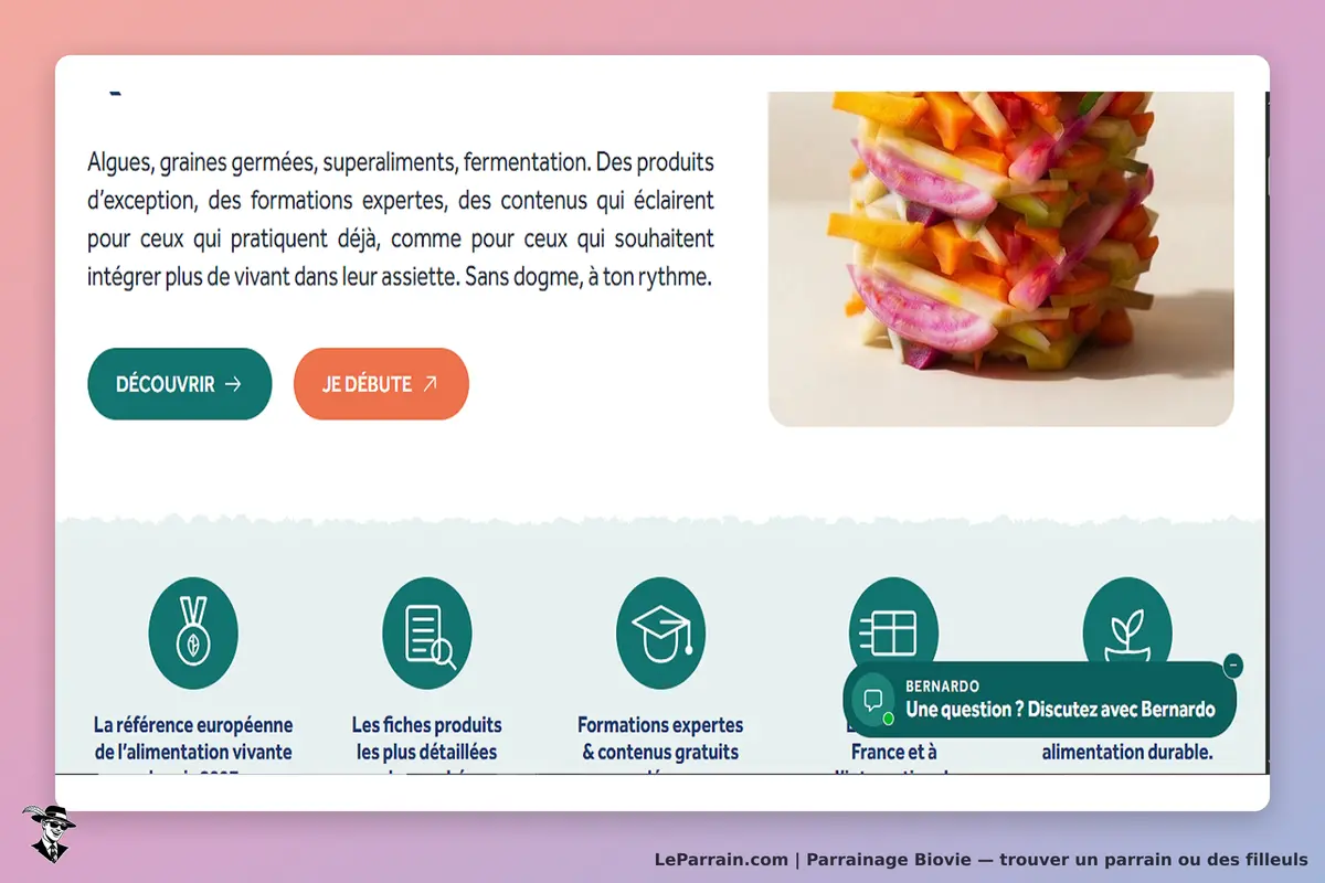 Biovie : page d'accueil avec des légumes colorés et des boutons pour découvrir ou débuter
