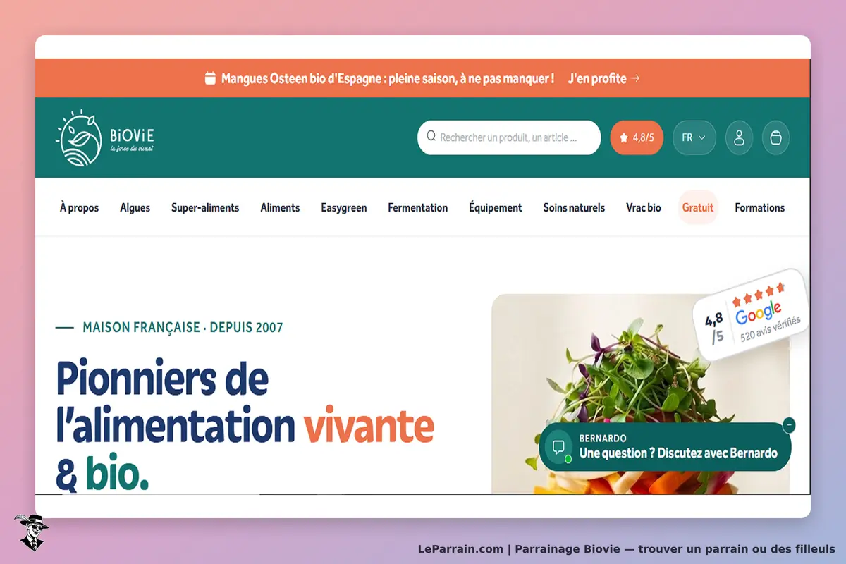 Biovie : page d'accueil avec logo, navigation, texte sur l'alimentation bio et image de légumes