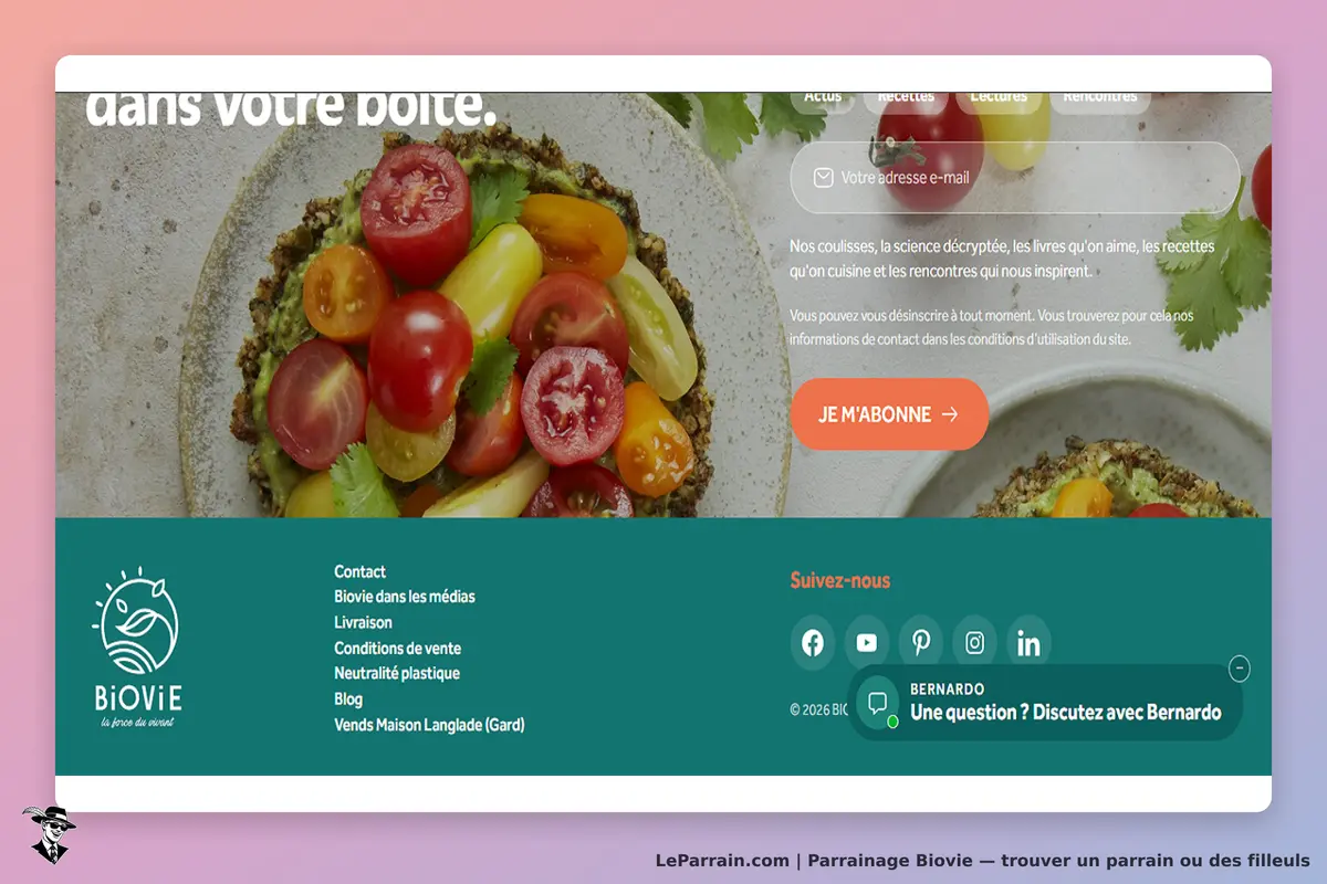 Biovie : page d'accueil avec des légumes colorés et un bouton d'abonnement visible