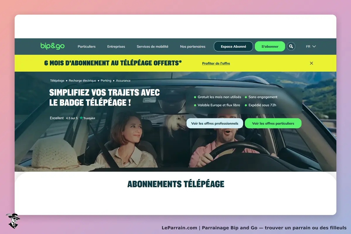 Bip and Go : page d'accueil présentant le badge télépéage avec des utilisateurs dans une voiture