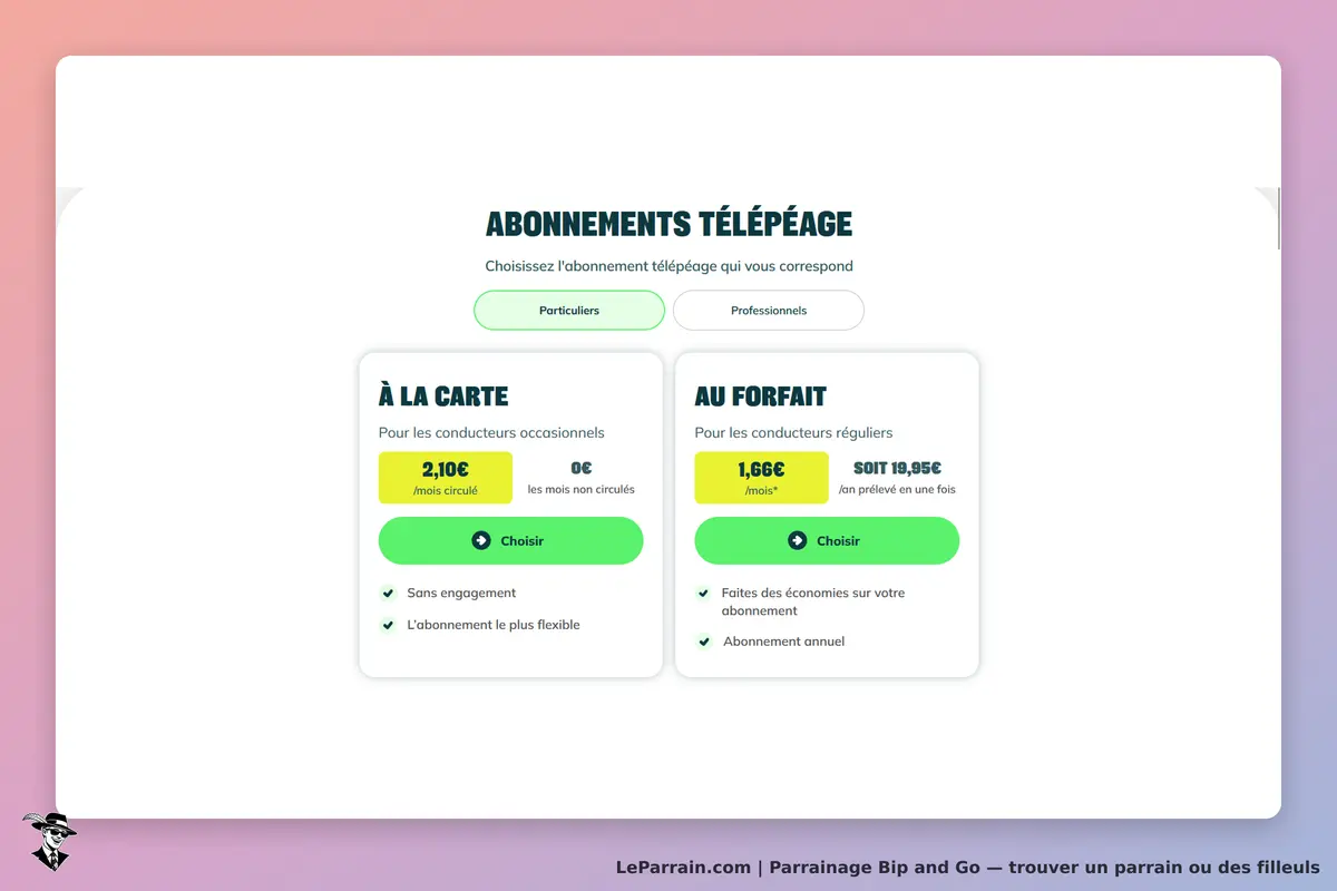 Bip and Go : page d'abonnements télépéage avec options à la carte et au forfait