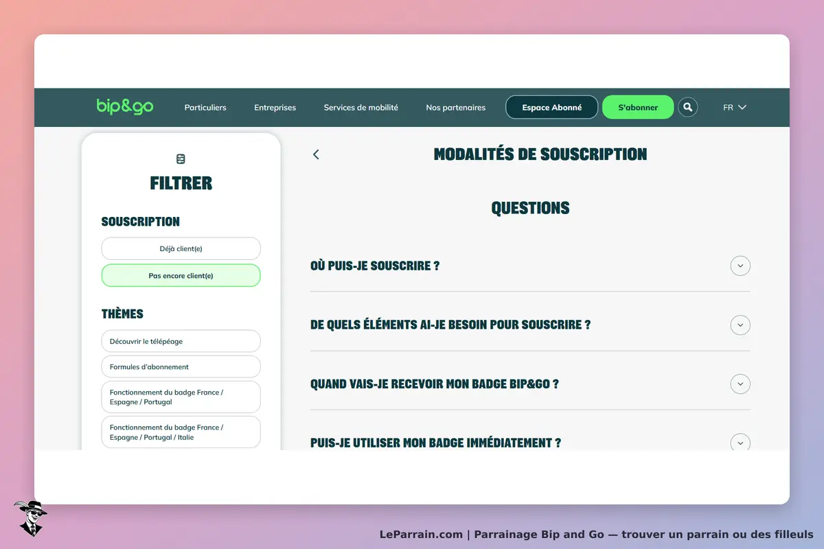 Bip and Go : page d'accueil avec options de filtrage et questions sur la souscription