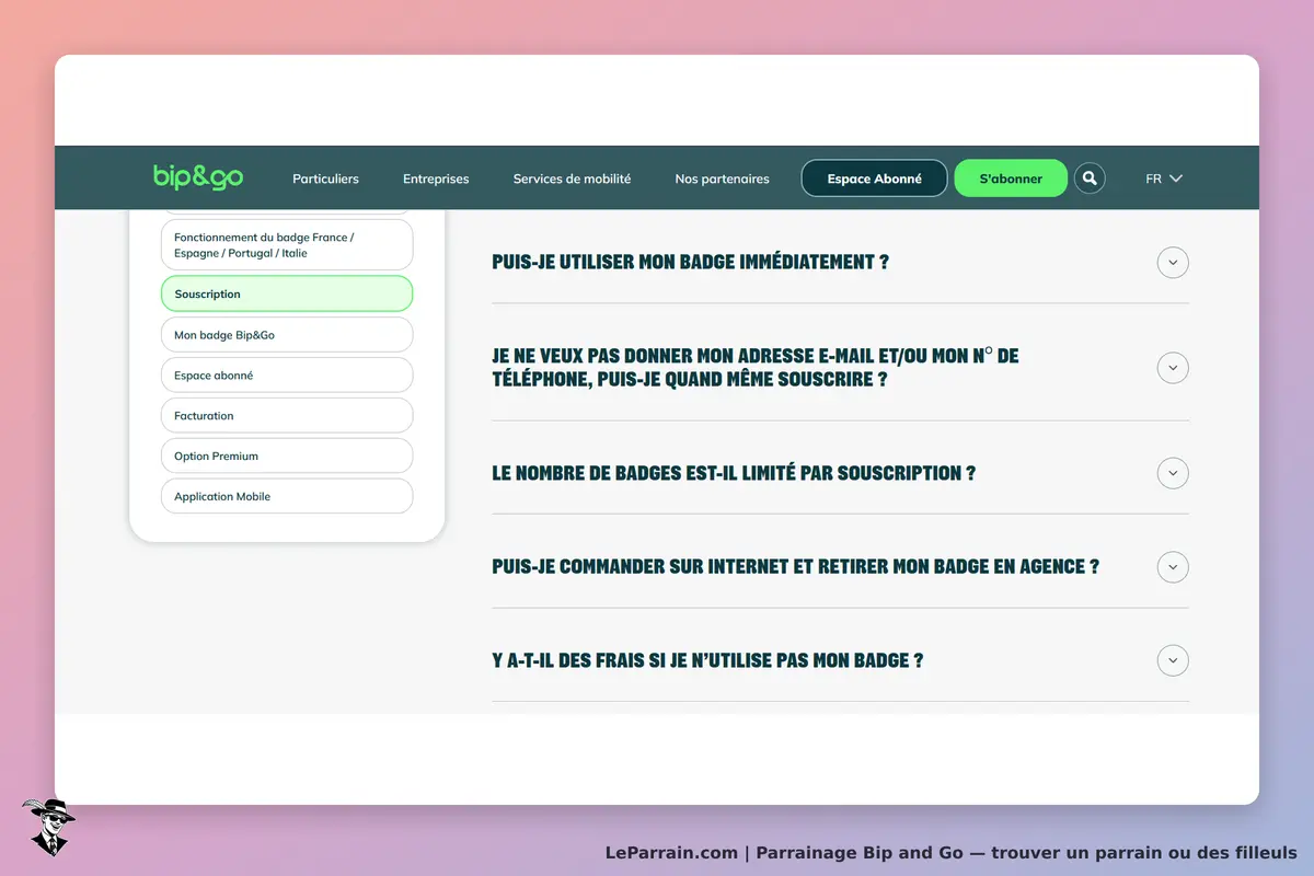 Bip and Go : page d'accueil avec questions fréquentes sur la souscription et le badge