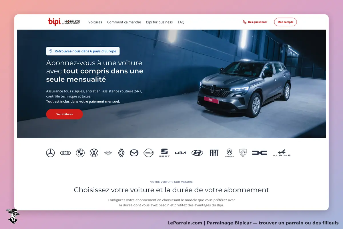 Bipicar : page d'accueil avec une voiture grise et options d'abonnement visibles