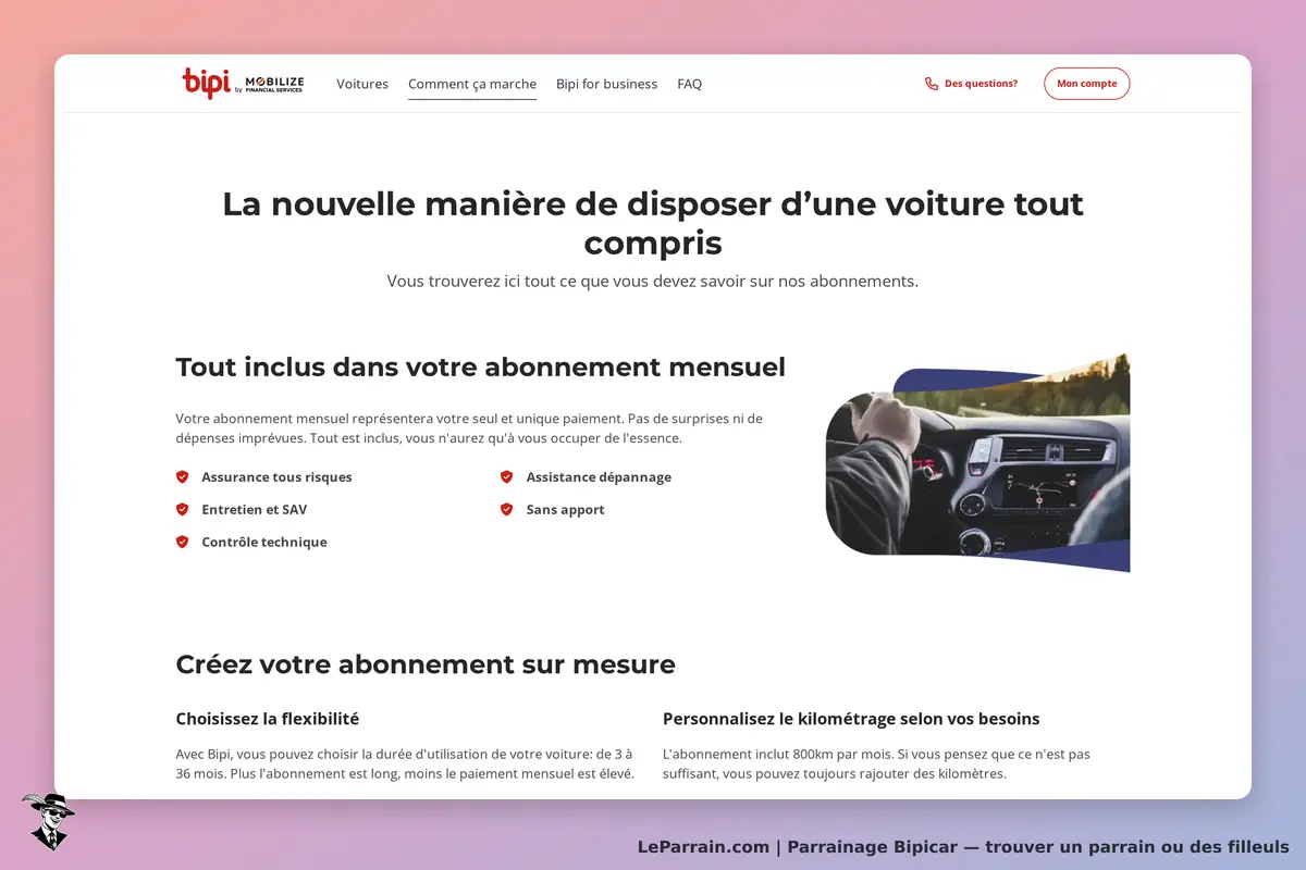 Bipicar : page présentant les caractéristiques d'abonnement pour une voiture tout compris