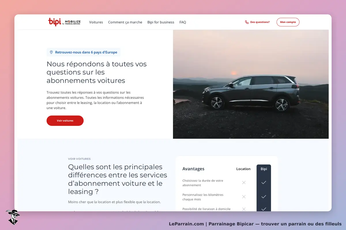 Bipicar : page d'accueil avec informations sur les abonnements voitures et image d'un véhicule