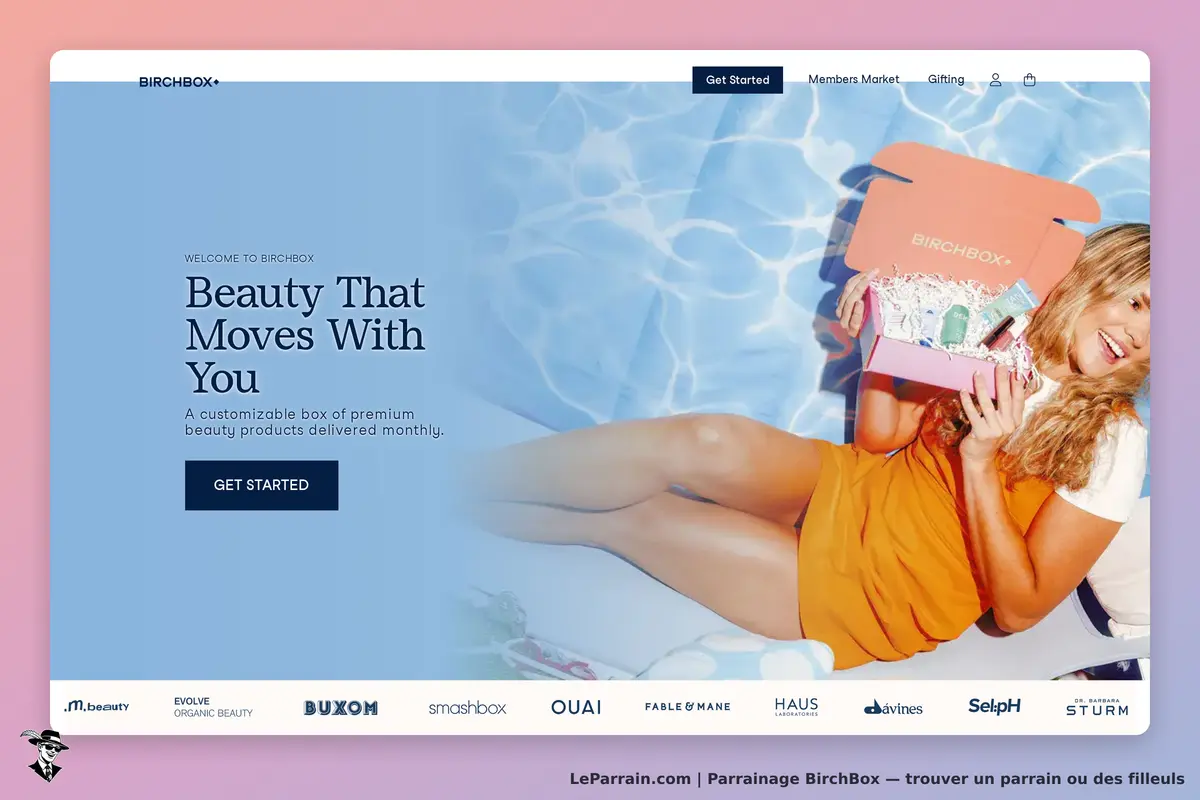 BirchBox : page d'accueil avec une femme tenant une boîte de produits de beauté au bord d'une