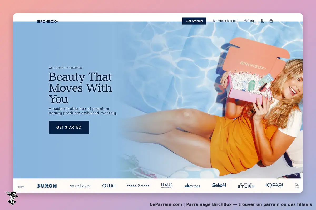 BirchBox : page d'accueil avec une femme souriante tenant une boîte de produits de beauté