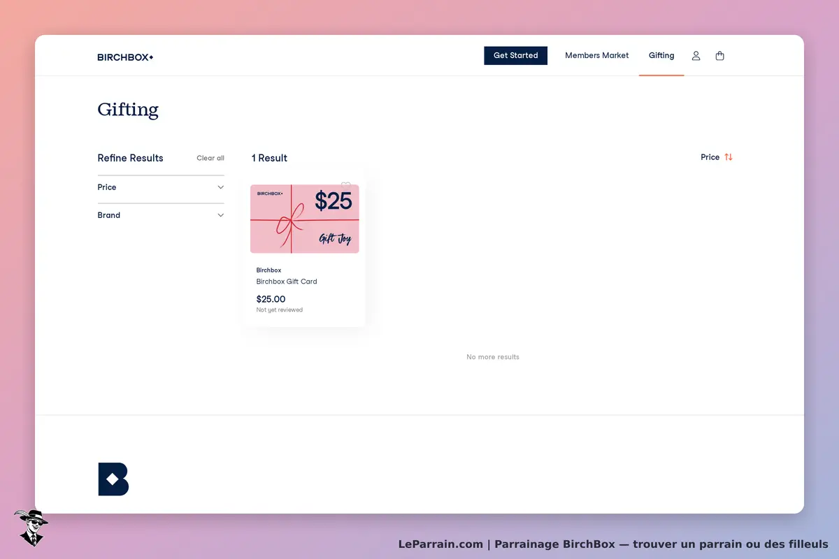 BirchBox : page de catégorie Gifting avec un filtre et un résultat de carte cadeau affiché